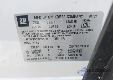 2021 Chevrolet Trailblazer Fwd Ls из США, поврежденный, VIN KL79MMS26MB129739